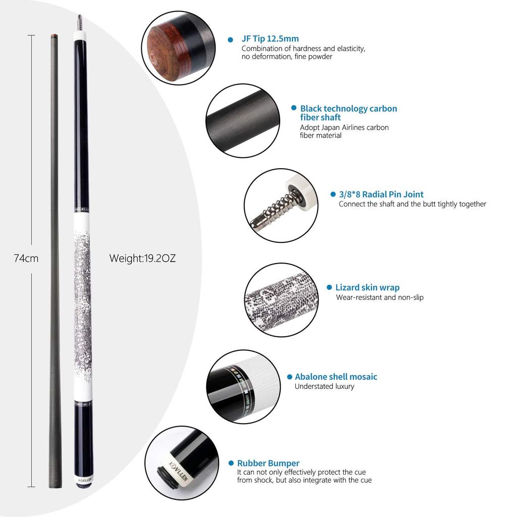 Кий для бильярда KONLLEN, карбоновый, кий для пула, 2-компонентный, карбоновый шафт, низкий прогиб, кожаная рукоятка, 58 дюймов, TT-PC 3/88, 12,5 мм (Дж. Ф. Уайт)…