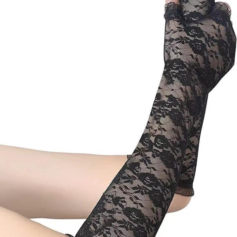 Длинные кружевные перчатки без пальцев с открытыми краями, солнцезащитные рукава, сетчатые кружевные тонкие велосипедные сексуальные аксессуары, черные перчатки с открытыми пальцами