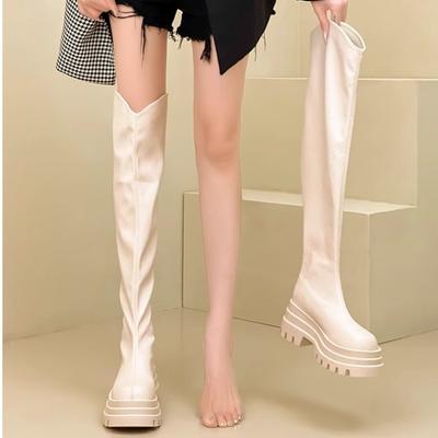 Модные маленькие облегающие эластичные ботинки женские осенние новые длинные ботфорты на толстом каблуке ботфорты до колена