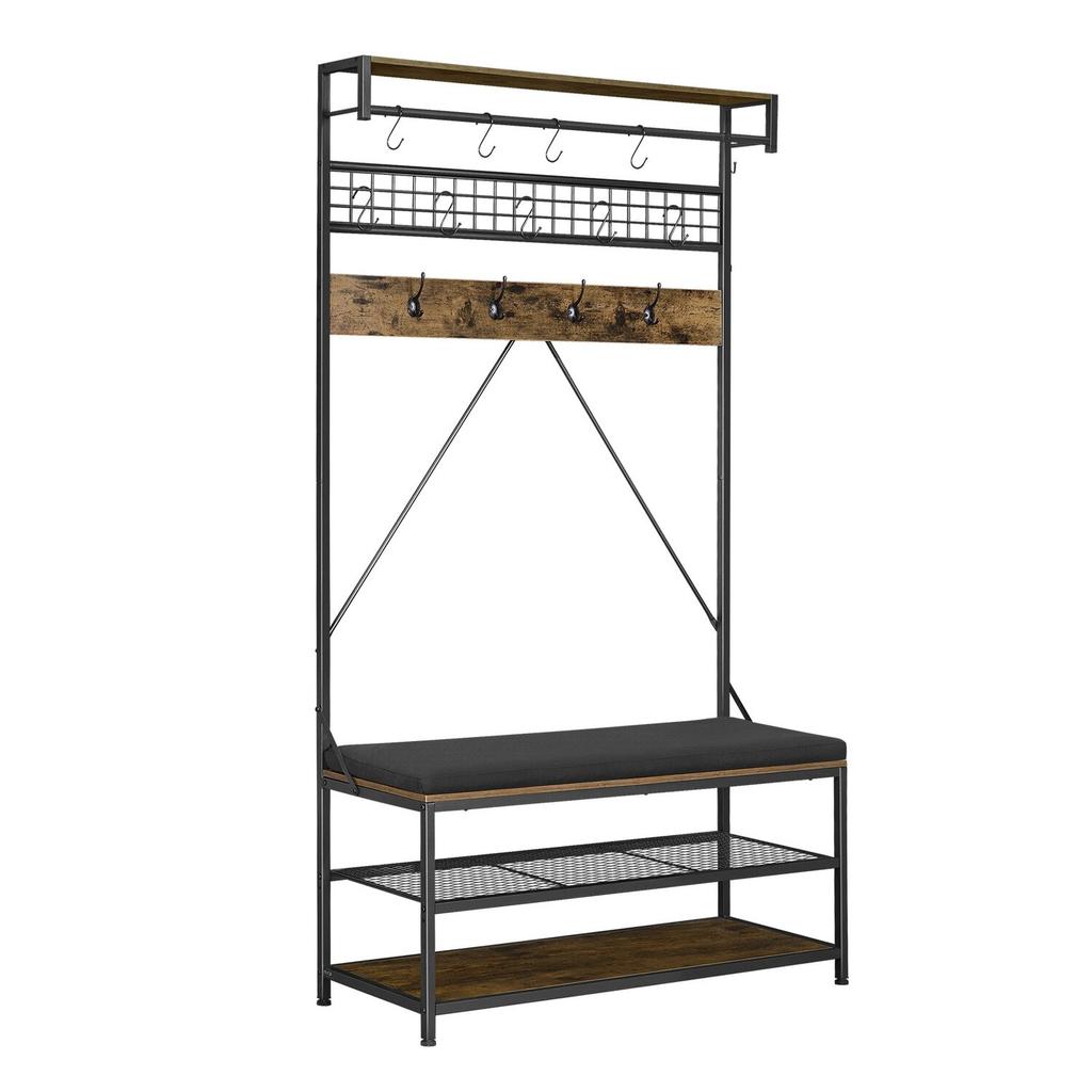 Hall Tree, 1830 mm Coat Rack with Shoe Bench, 2-Tier Freestanding Shoe Rack Storage Organizer with Hooks, Hanging Rod and Wire Shelf, Steel Frame