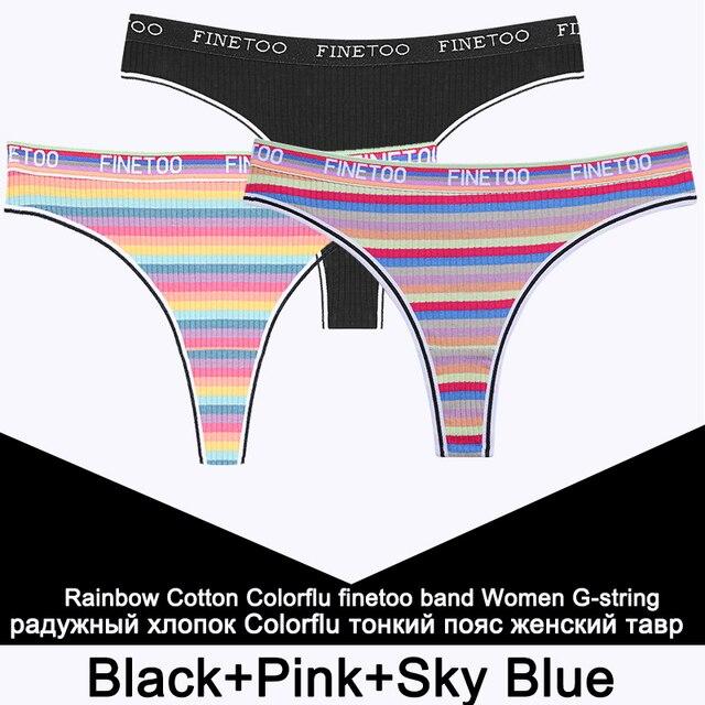 3PCS/Set Rainbow Colorful Striped Cotton Women Panties Sexy G-String Underwear Femme Finetoo Band Thong Intimate T-Back Lingerie