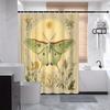 Vintage Botanical Moth Shower Curtain - Pale Green Moth with Red & Orange Patterns, Daisies & Marigolds, Earthy Tones