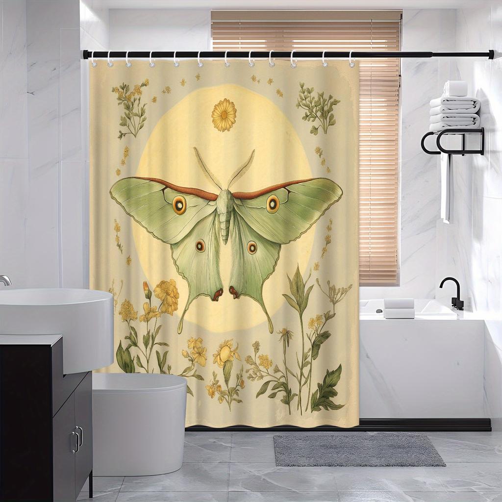 Vintage Botanical Moth Shower Curtain - Pale Green Moth with Red & Orange Patterns, Daisies & Marigolds, Earthy Tones