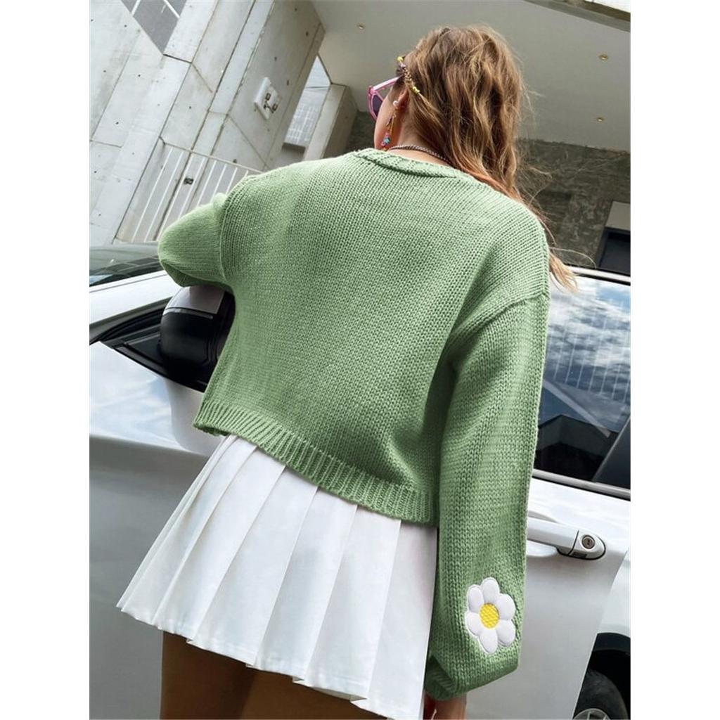 Осенний вязаный кардиган с цветочной вышивкой, женский свитер с цветочным узором, кардиган с рукавами-фонариками, модный джемпер, пальто, верхняя одежда