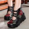 Vintage Embroidered Genuine Leather Shoes for Women High Heel Wedge Platform Shoes