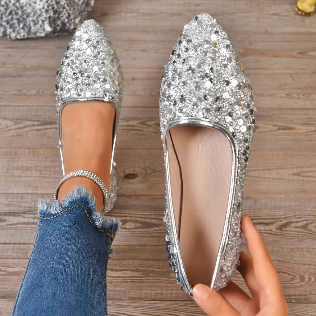 Fashion Women Flats Shallow Large Size Flat Sneakers Women Glitter Crystal Studs Ballet Shoes for Women Pointed Toe Slip On Loafers