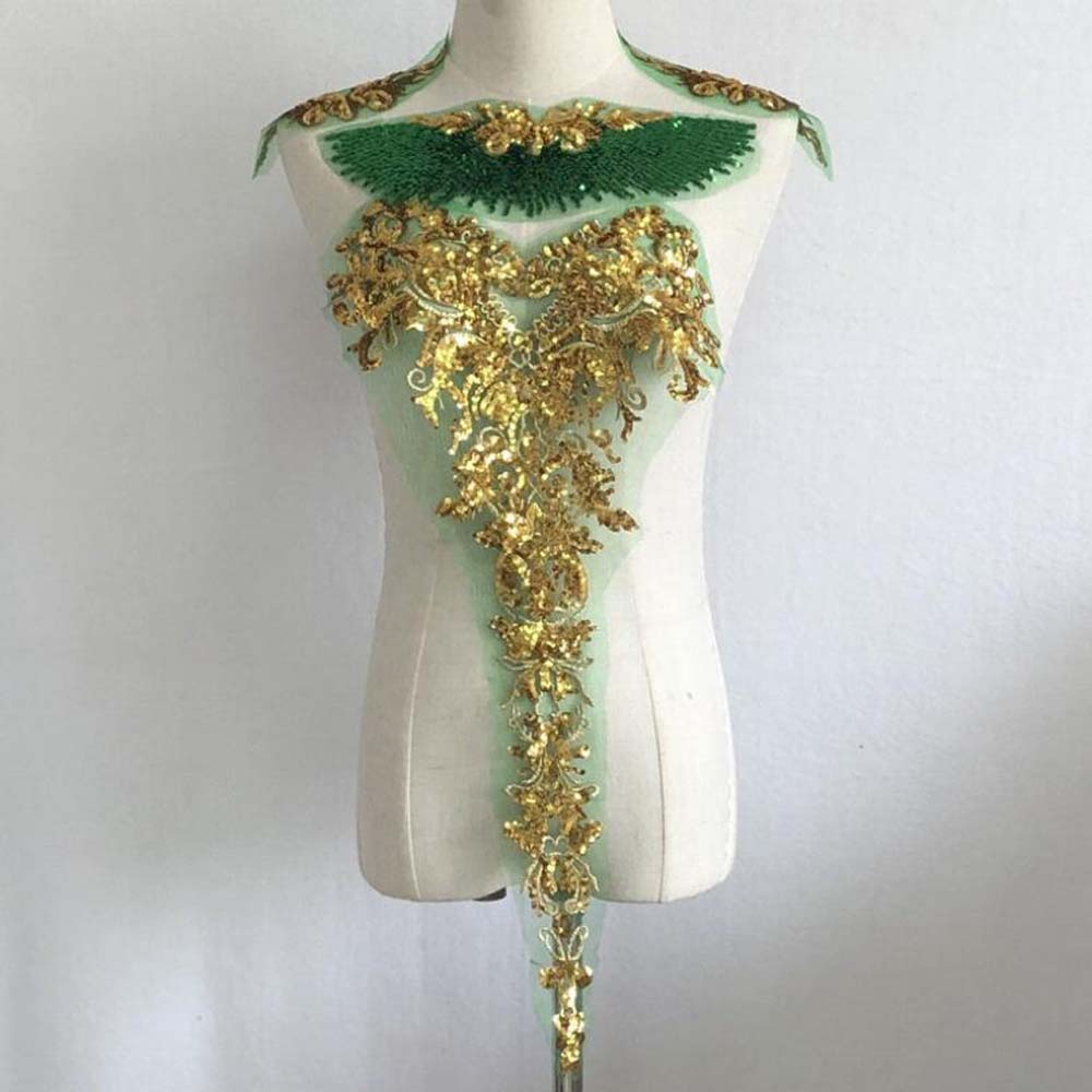 1 комплект золотых аппликаций с пайетками, красная синяя вышитая кружевная ткань, свадебные нашивки для украшения платья своими руками