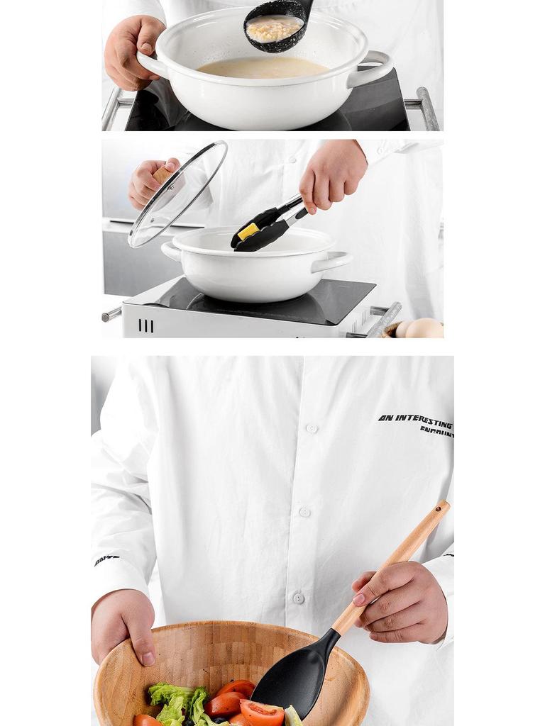 Набор из 12 сковородок с антипригарным покрытием и деревянными ручками: Включает кастрюлю, лопатку, ложку для супа и лопатку для жарки - Силиконовые кухонные принадлежности