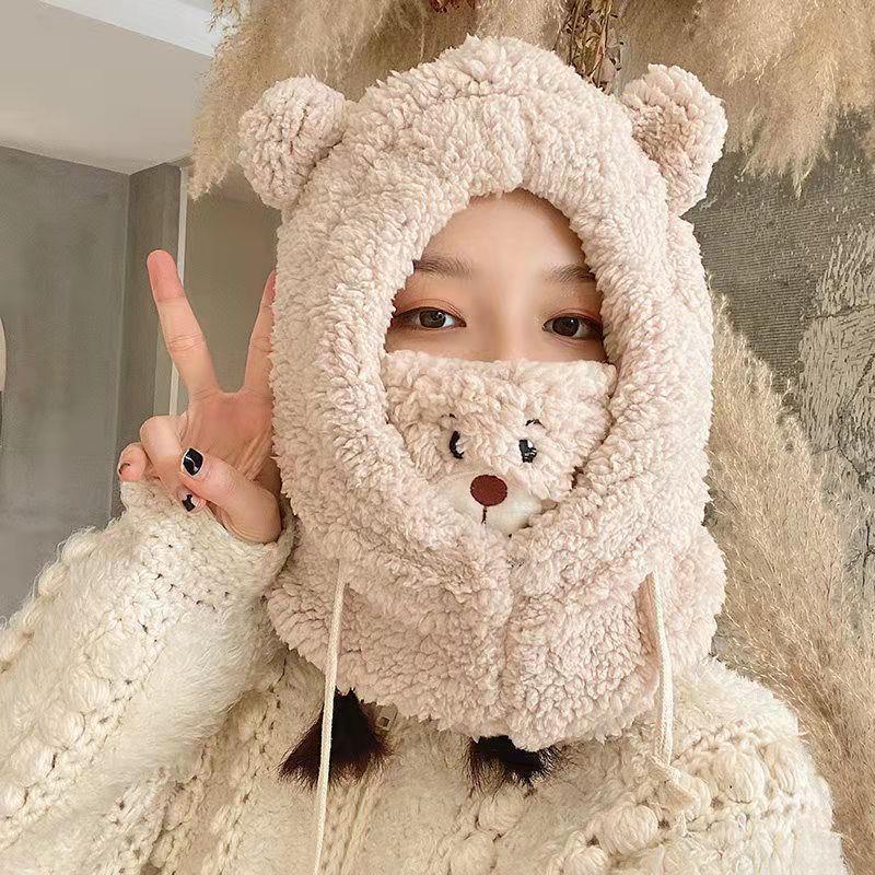 Hat and Scarf Integrated Women's Winter Versatile Cute Plush Hat Warm Plush Thickened Antifreeze and Windproof Hooded Scarf