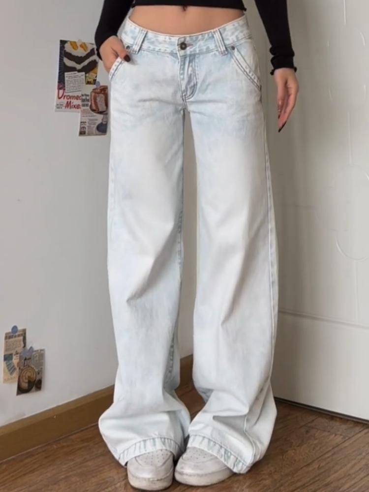 Американские винтажные потертые джинсы High Street, женские, весна-осень, с низкой талией, тонкие, широкие брюки, модный дизайн 2000-х годов, повседневные длинные брюки
