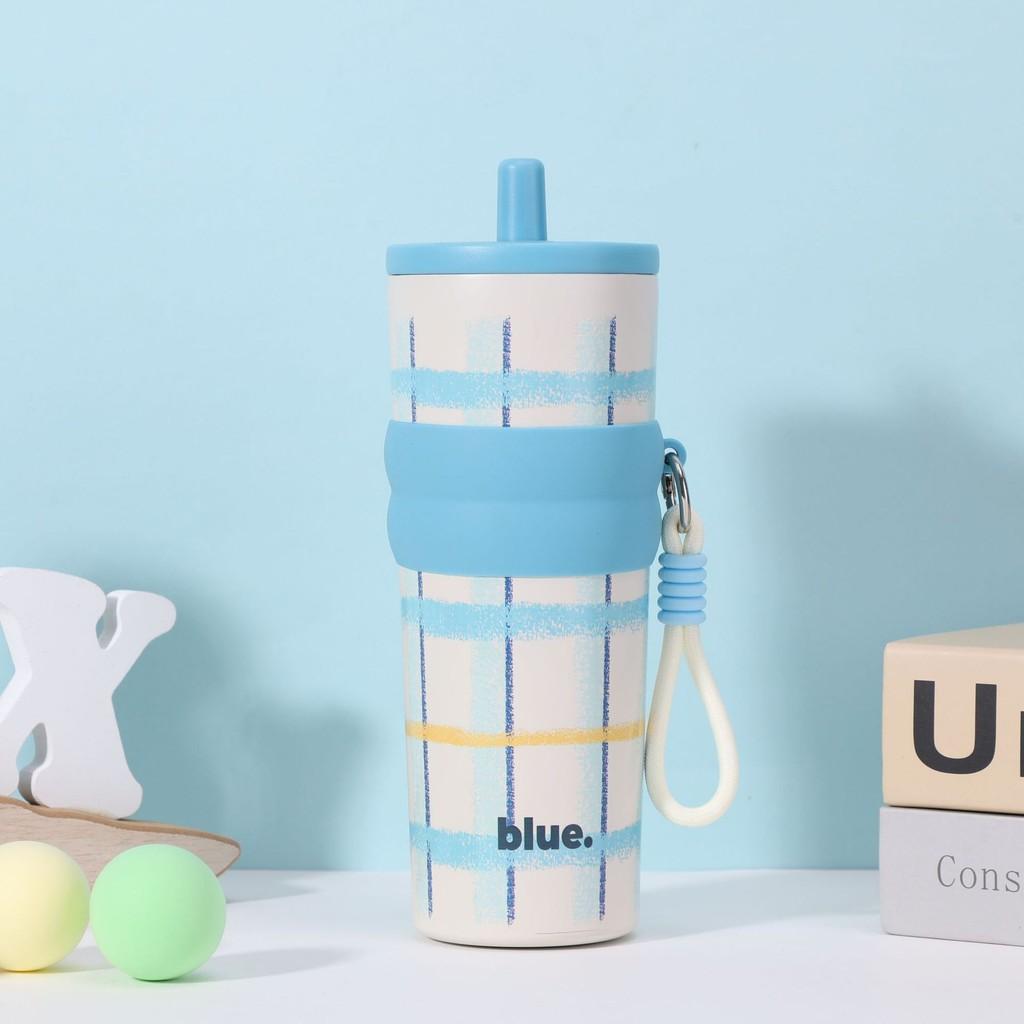 Клетчатая термокружка из нержавеющей стали большой вместимости с принтом букв и соломинкой