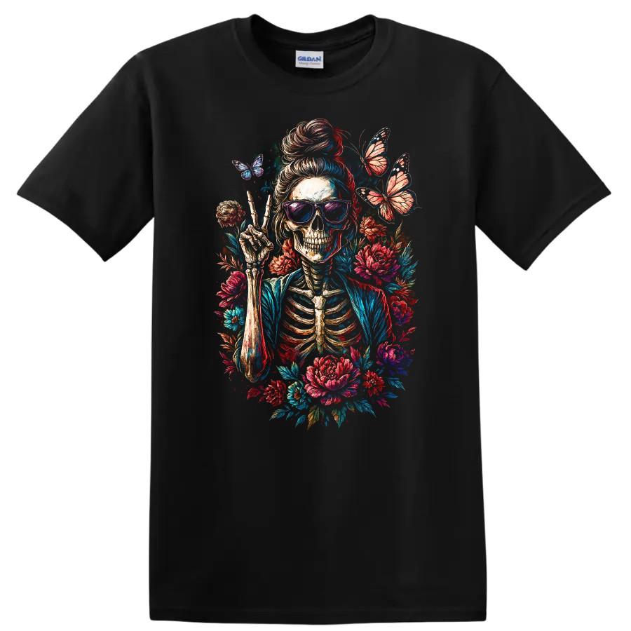 Skeleton Peace Sign Floral T Shirt Vintage Style Graphic Tee w/ Butterflies