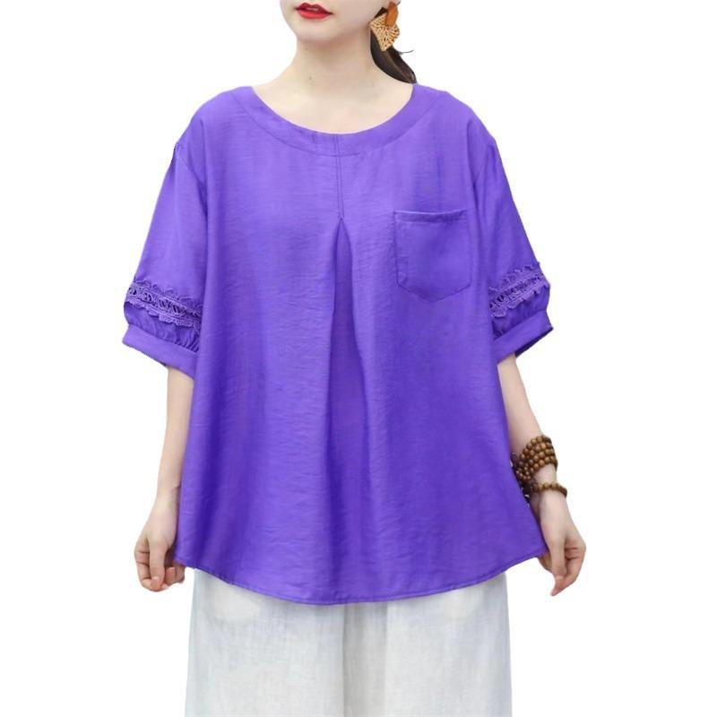 Летний круглый вырез Tencel Cotton Корейская версия Утягивающий корейский вариант Повседневный топ Женская корейская версия кружева с короткими рукавами Футболка