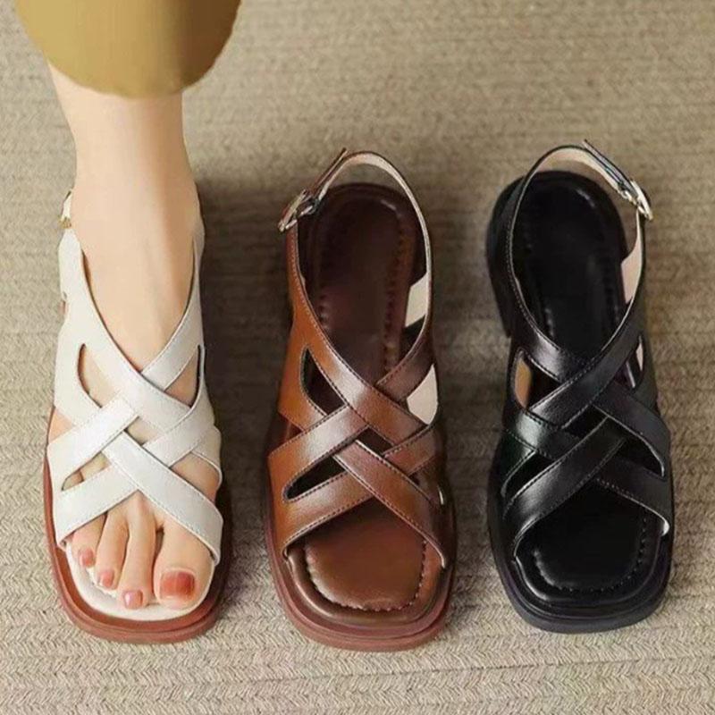 Fashion Kidmi Women Shoes Roman Shoes Spring Fashion Rubber Low Heel Square Toe Beach Sandals Korean Version Retro Woven Fashion Sandals