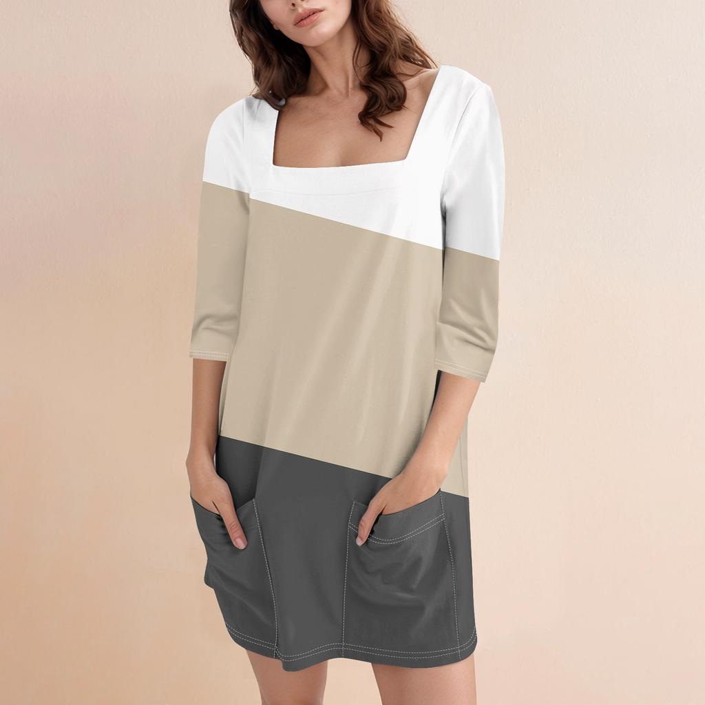 Женское модное повседневное короткое платье с квадратным вырезом и рукавом 3/4