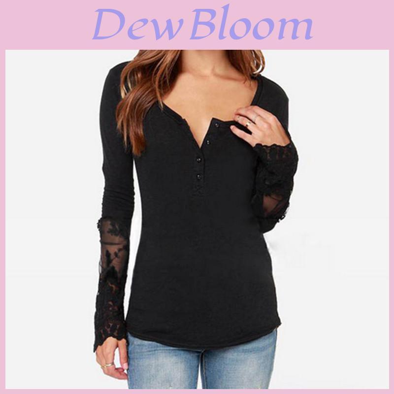 Elegant Lace Stitching Women's T-shirt Slim Fit Long Sleeve Cotton Top
