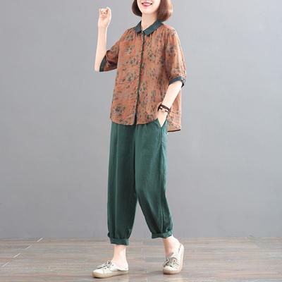 Летний женский комплект из двух предметов из хлопка и льна с принтом, приталенный, большого размера, художественный, в стиле ретро, модный ансамбль, корейский стиль