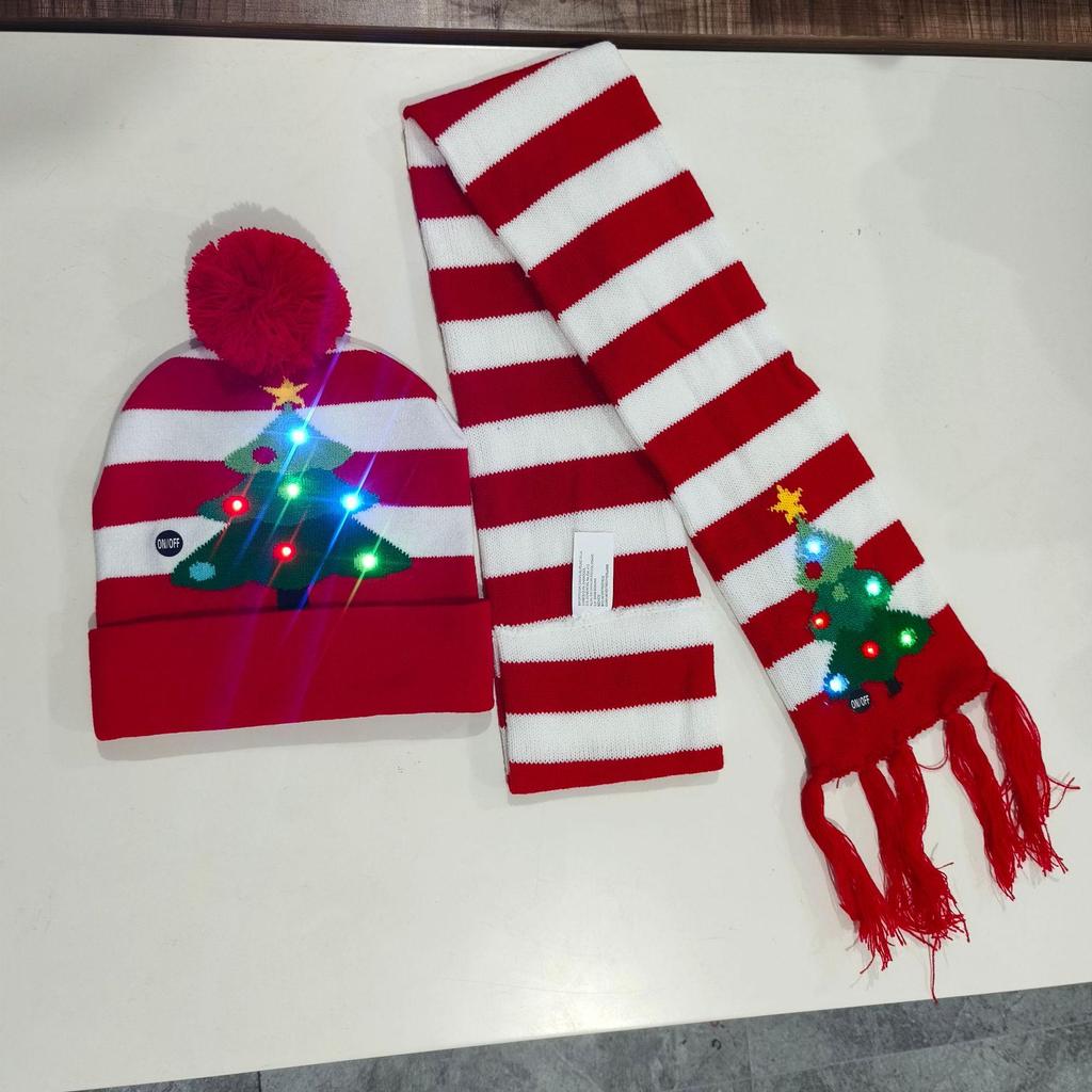 LED Light-Up Elk Jacquard Knit Hat & Scarf Set for Christmas & New Year.