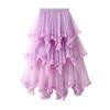 Women Cake Skirt Mid-rise Elastic Waist Irregular Hem Midi Skirt Solid Color Mesh Swing Long Skirt Daily Wear