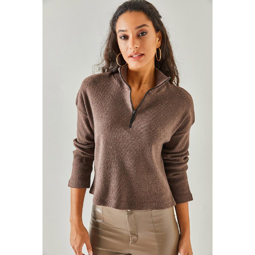 Женский черный свитер с высоким воротником на молнии Kzk-19000640