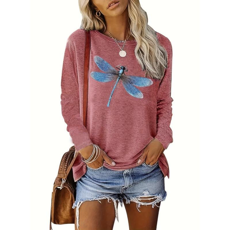Новая разноцветная женская футболка с принтом стрекозы, укороченный топ с длинным рукавом, женская графическая блузка, женская одежда больших размеров, рубашки