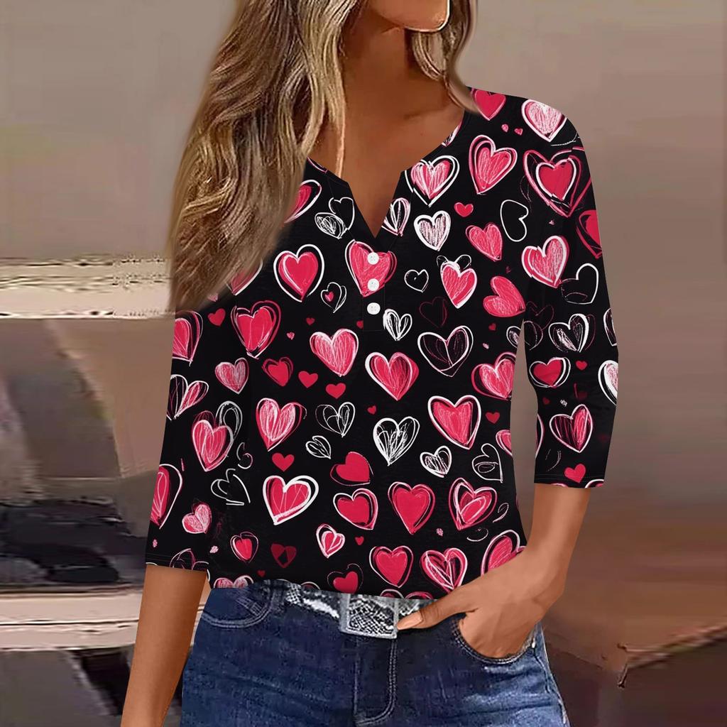 Женский повседневный универсальный топ с V-образным вырезом и рукавом три четверти на пуговицах с принтом ко Дню святого Валентина