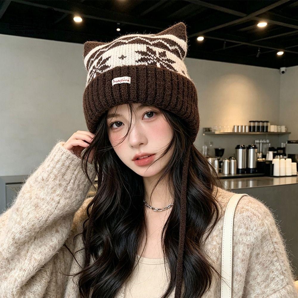 Fair Isle Pattern Knitted Beanie Hat Chin Strap Winter Beanie Hat Cold Weather