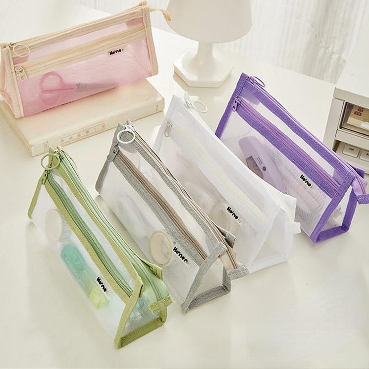 Large Capacity Simple Color Pencil Case Student Exam Series Hand Account Net Yarn Transparent Stationery Storage Supplies Bag