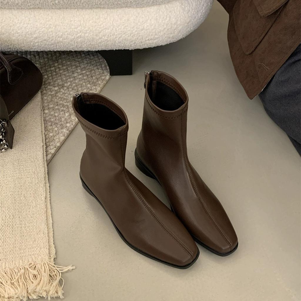 Korean Version of Square Head Thick Heel Rear Zipper Fashion Boots Women's New Products In Autumn and Winter 2025 Fashion Texture Comfortable Short