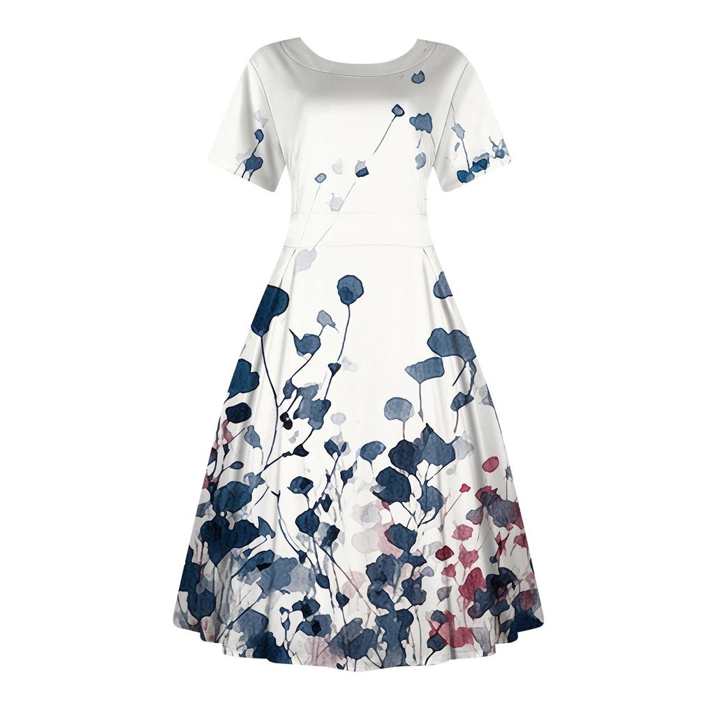 Женское повседневное модное платье с винтажным принтом, круглые платья миди с коротким рукавом и длинными большими распашными платьями