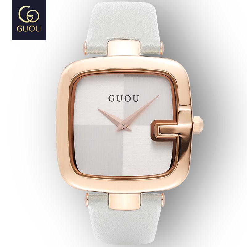 GUOU Top Brand Women's Watches Square Fashion zegarek damski Luxury Ladies Bracelet For Women Genuine Leather Strap Clocks Saati