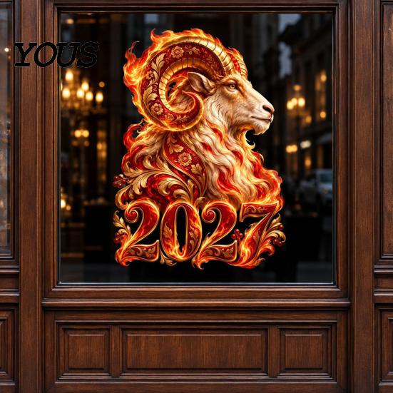 Украшения для витрин 2027 Год Овцы Статичные наклейки, Красные Русские Новогодние Наклейки на Стекло, Сезонные Наклейки Многоразовые Без Следов для Дома Магазина