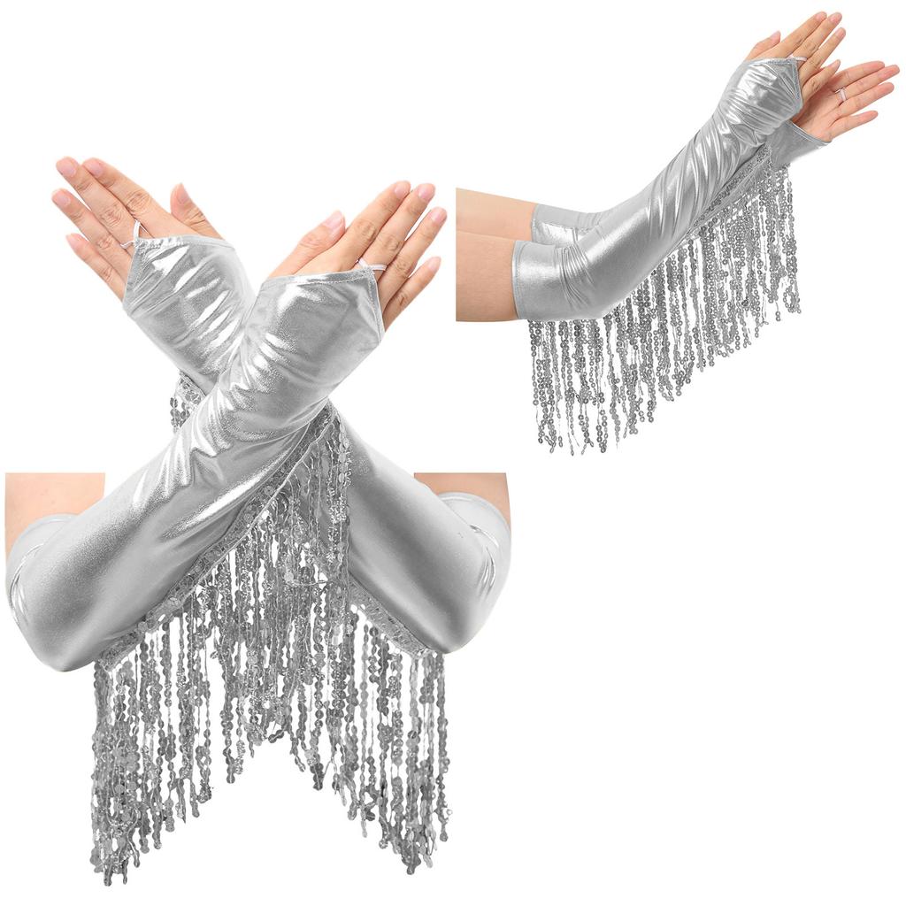 Перчатки без пальцев до локтя для взрослых: Искрящиеся Пайетки, Дизайн с Кисточками, Металлические Блестящие Перчатки для Сцены, Оперы, Косплея и Вечеринок