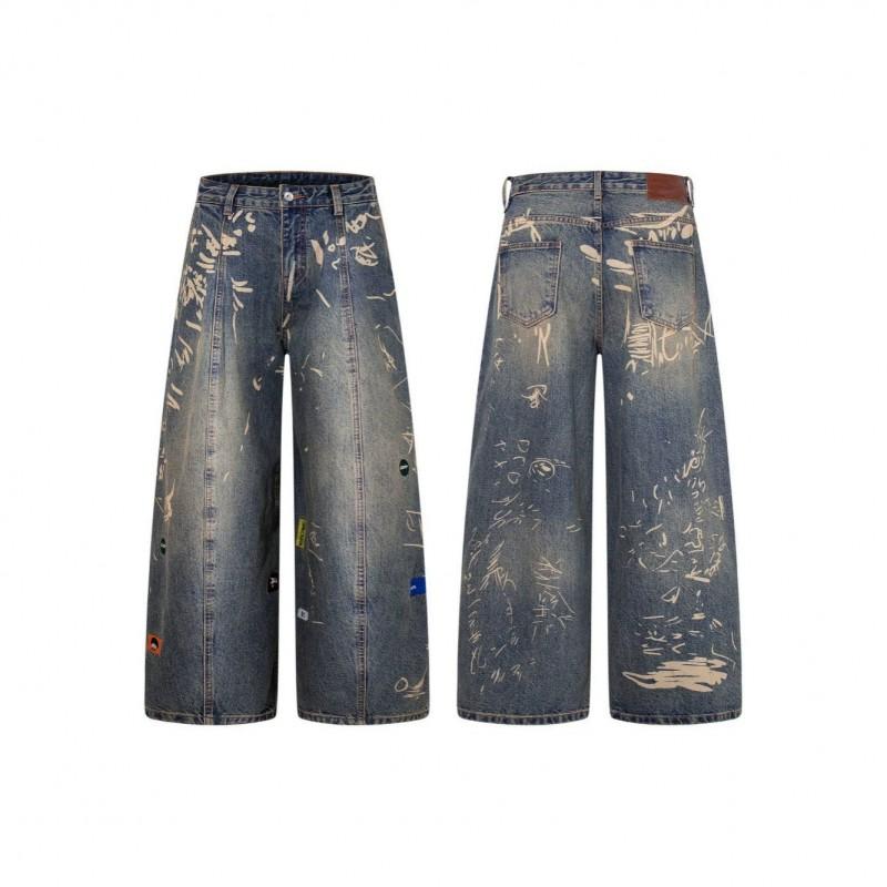 Unisex Distressed Washed Denim Pants With Graffiti Print High-Waisted Loose Wide-Leg Streetwear Jeans Men Women