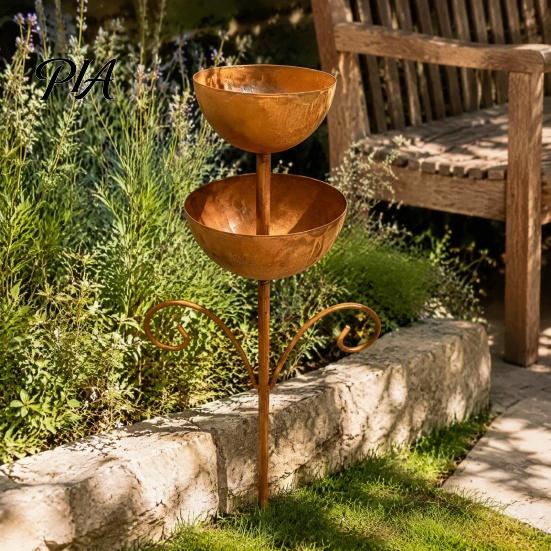 Hollow Carved Retro Bird Feeder Metal Double Layer with Ground Stake, Heavy Duty Feeding Decorative for Yard Station, Weather Resistant Garden