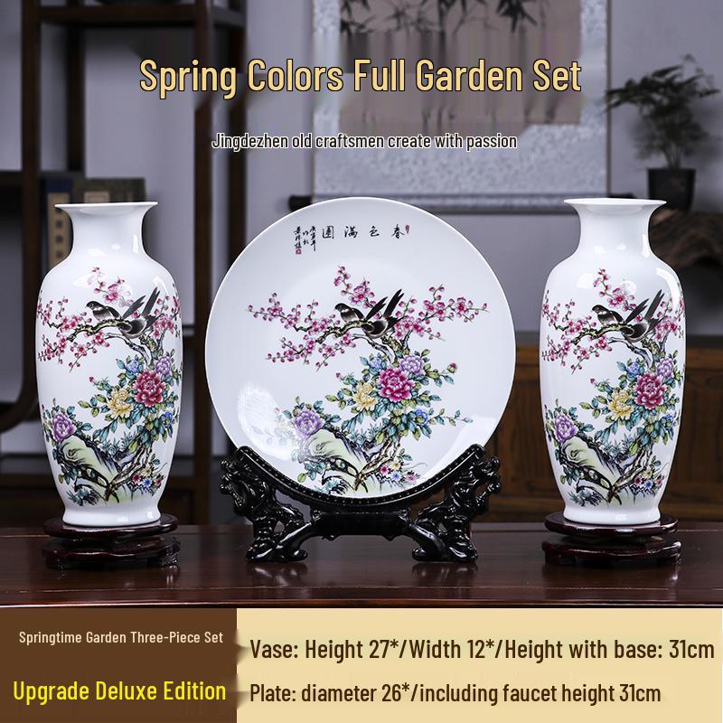 Good Fortune Jingdezhen Ceramic Vase Set: 3-Piece Décor for Living Room, Curio Shelf, or TV Cabinet