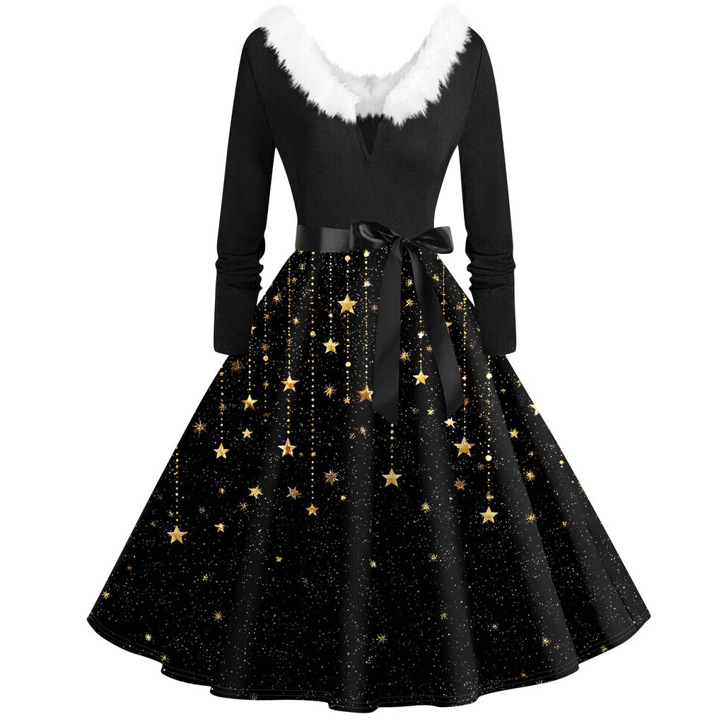 Женская мода с v-образным вырезом, повседневные тонкие рождественские платья с воротником из волос и длинными рукавами с принтом