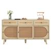 Sideboard Shelves, Modern Chest of Drawers 3 Doors 3 Drawers, Rattan TV Table Ample Storage, Dining Room, Living Room & 140x40x78cm, Wood Color