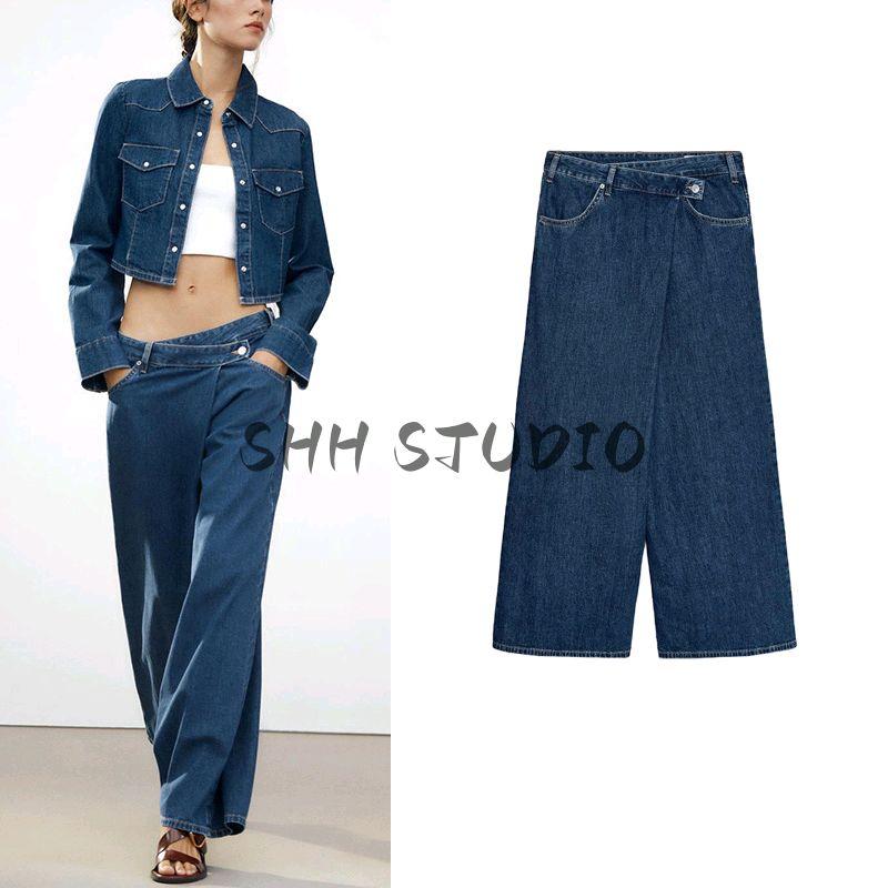 Spring New Women's Clothing Metal Button Decoration High Waist Double Breasted Waist Loose Straight-leg Denim 6045040
