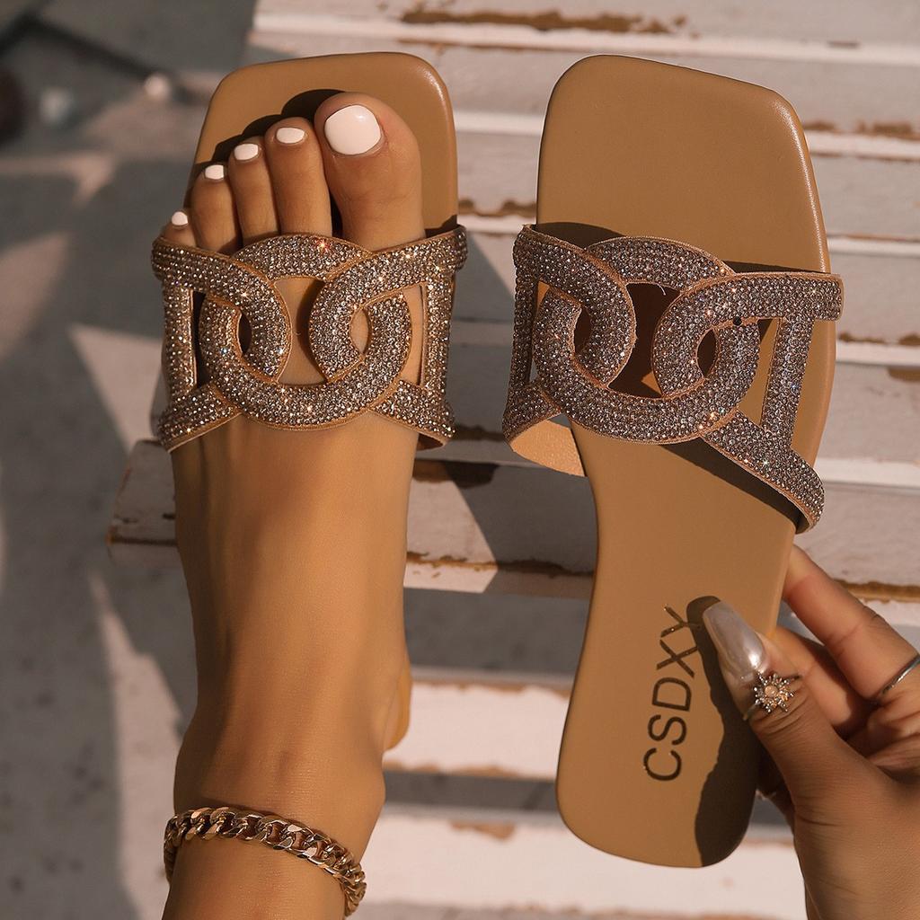 Стразы шлепанцы на плоской подошве женские квадратный носок один педаль домашние тапочки внешняя торговля большой размер FlatSlippers