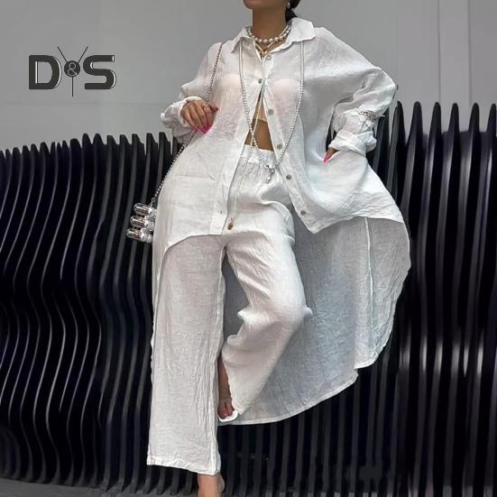 2 Pcs/Set Fall Spring Women Shirt Pants Set Long Sleeves Lapel Lace Cuff Button-down Irregular Hem Blouse Elastic Waist Trousers OL Commuting Sport