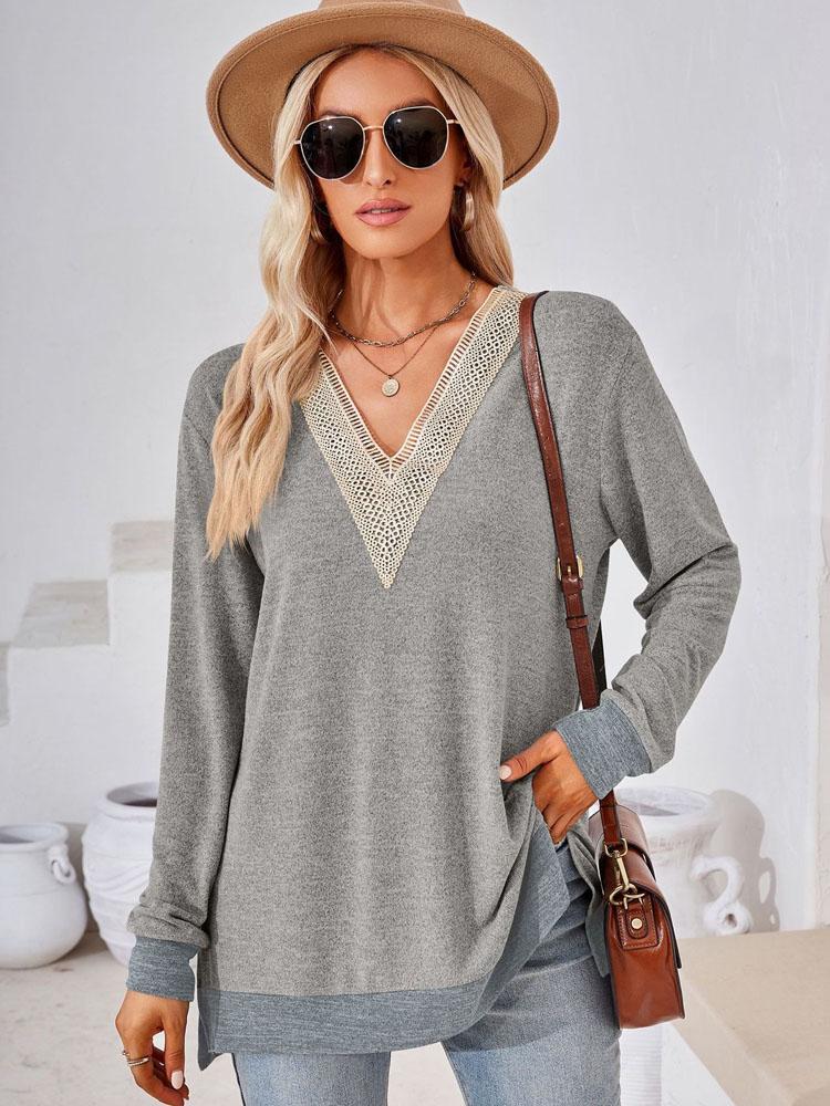 Элегантная и классическая универсальная и удобная осенне-зимняя свободная однотонная футболка с V-образным вырезом и кружевом, женская футболка с длинным рукавом