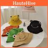 Adorable Smiling Frog Face Embroidered Fisherman Hat For Girls Round Top Wide Brim Sunshade Travel Streetwear Cap