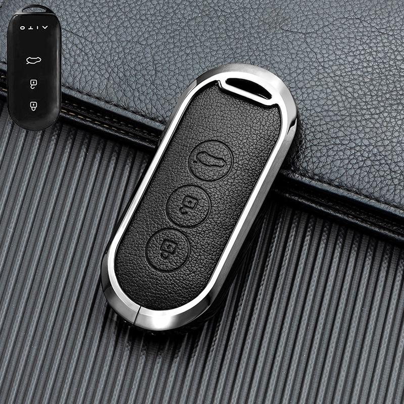 Business Style Double-Sided Leather Key Shell for AITO M7/M5 EV 2022 Model - Full Coverage Metal Car Key Case