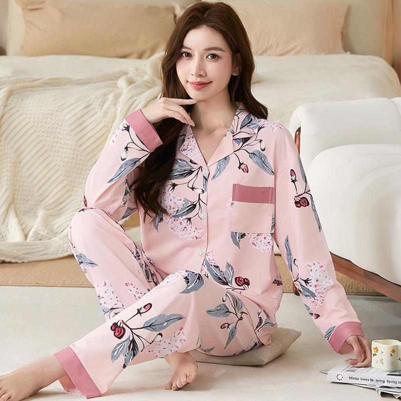 Imitation cotton pajamas women's spring and autumn high-end luxury printed cardigan long-sleeved new middle-aged loungewear set