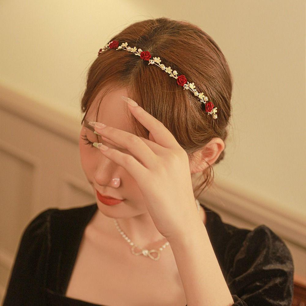 French Red Rhinestone Female Hair Accessories Pearl Hair Hoop Korean Style Headwear Rose Headband