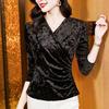 Plus Size Gold Velvet V-Neck Long Sleeve Shirt - Women's Autumn/Winter 2025 Collection