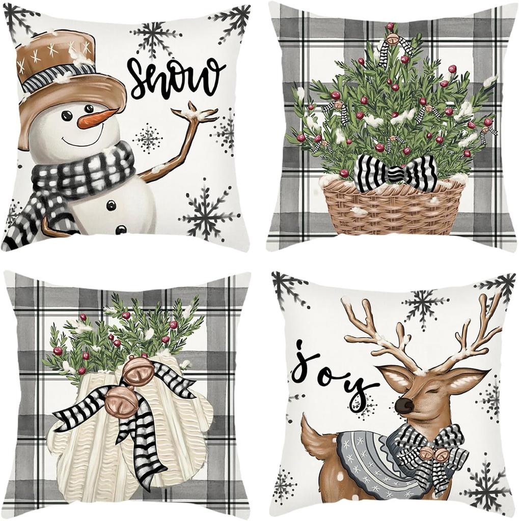 4 Set Christmas Cushion Cover Pillowcase 45cm Xmas Reindeer Snowman Cushion Covers Decorations for Home Ornament New Year Decor