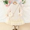Autumn Knitted Lace Patchwork Dress for Baby Girls - Beige, Long Sleeve, Round Neck