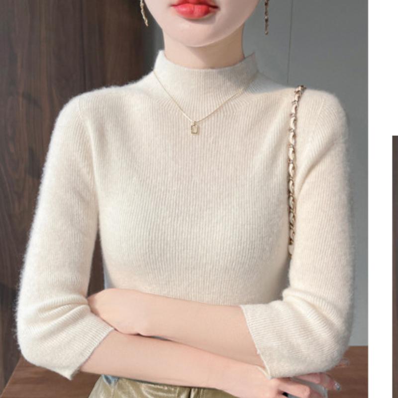 New Spring and Summer Half-high Neck Short-sleeved Sweater for Women's Fashionable Base Shirt with A 7-quarter Sleeve Sweater Slim-fit Body